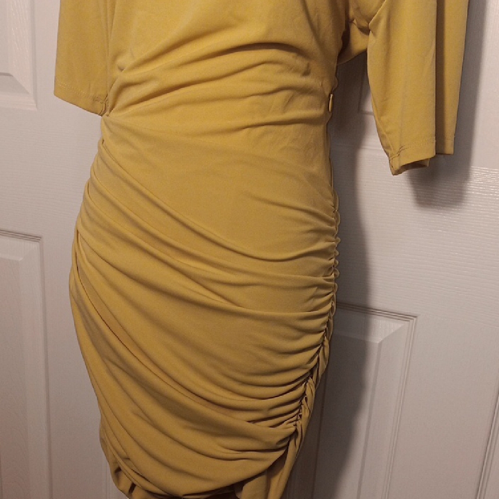 ZARA NWT Draped Ruched T-Shirt Mini Dress Chartreuse Yellow XS - Picture 5 of 16
